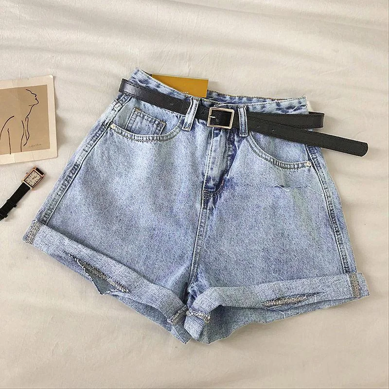 Fitaylor New Summer Women Vintage Wide Leg Hole Denim Shorts With Belt Casual Female Loose Solid Color Blue Jeans Shorts