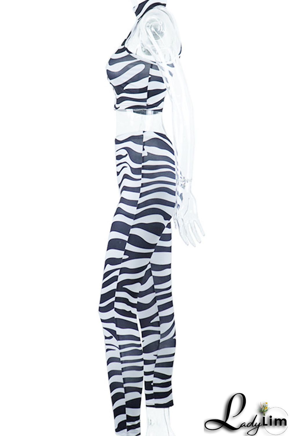 Black Sexy Print Split Joint O Neck Sleeveless Two Pieces