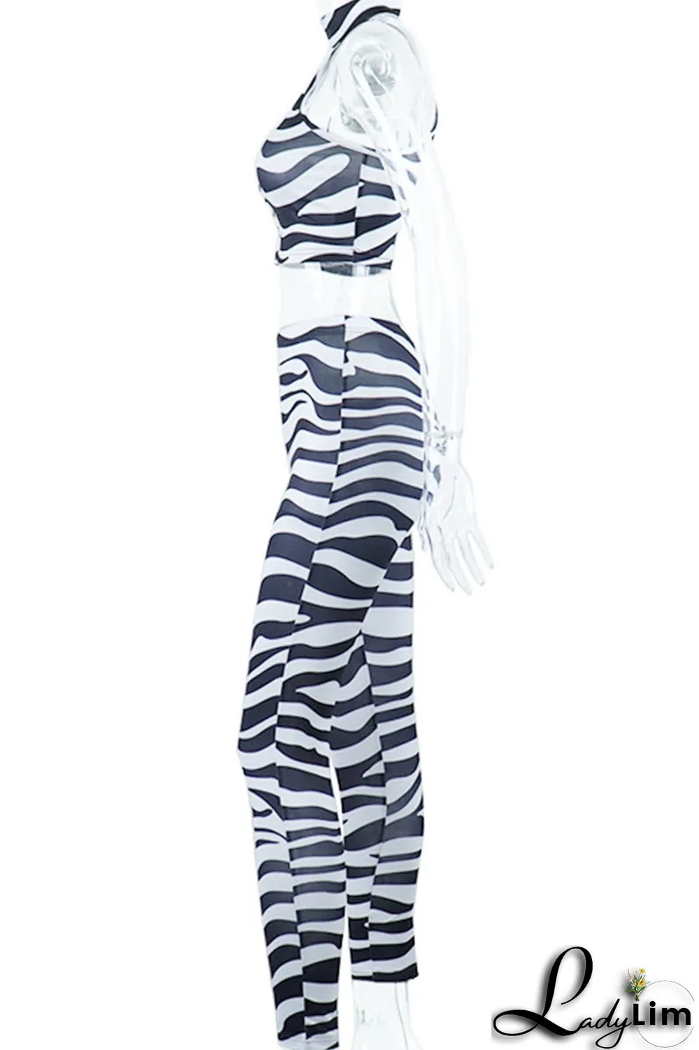 Black Sexy Print Split Joint O Neck Sleeveless Two Pieces