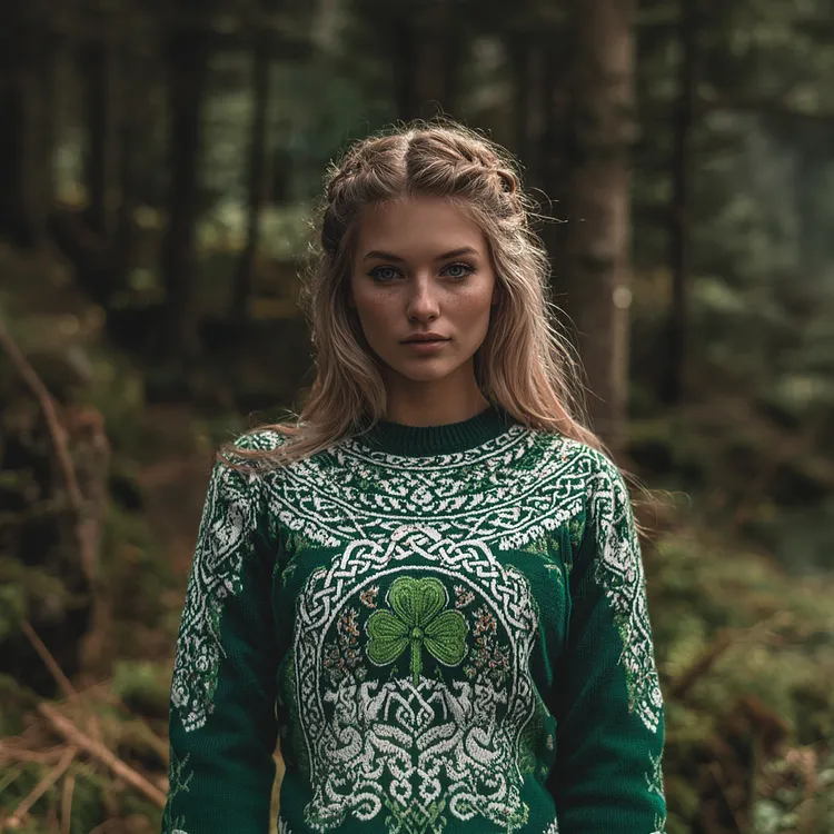 St. Patrick's Day Shamrock Retro Pattern Women's Round Neck Sweater