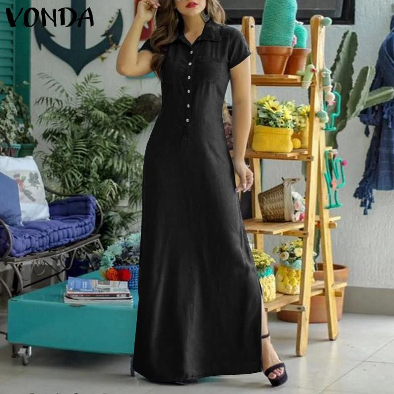 Women Summer Dress 2022 VONDA Casual Turn Down Neck Short Sleeve Demin Dresses  Bohemian Vestidos Femme Sundress
