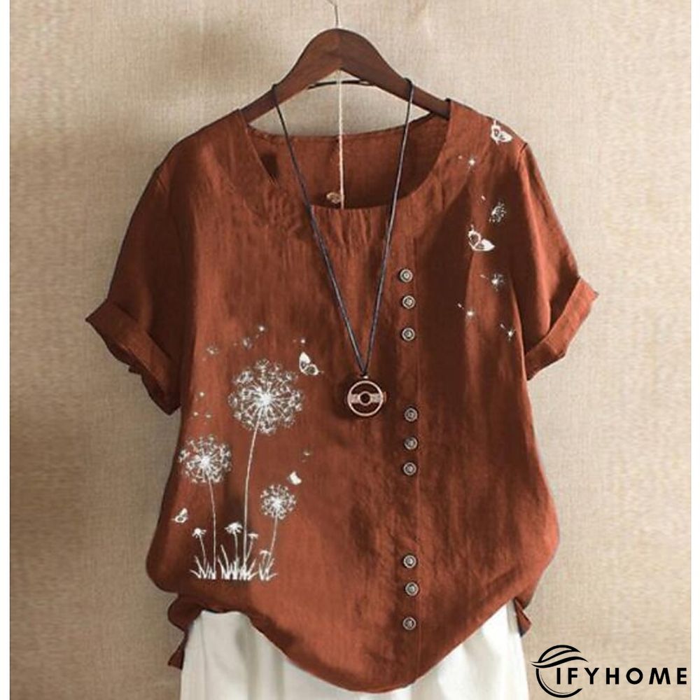 Women's Shirt Blouse Graphic Floral Short Sleeve Date Vacation Daily Casual Crew Neck Cotton Slim L | IFYHOME