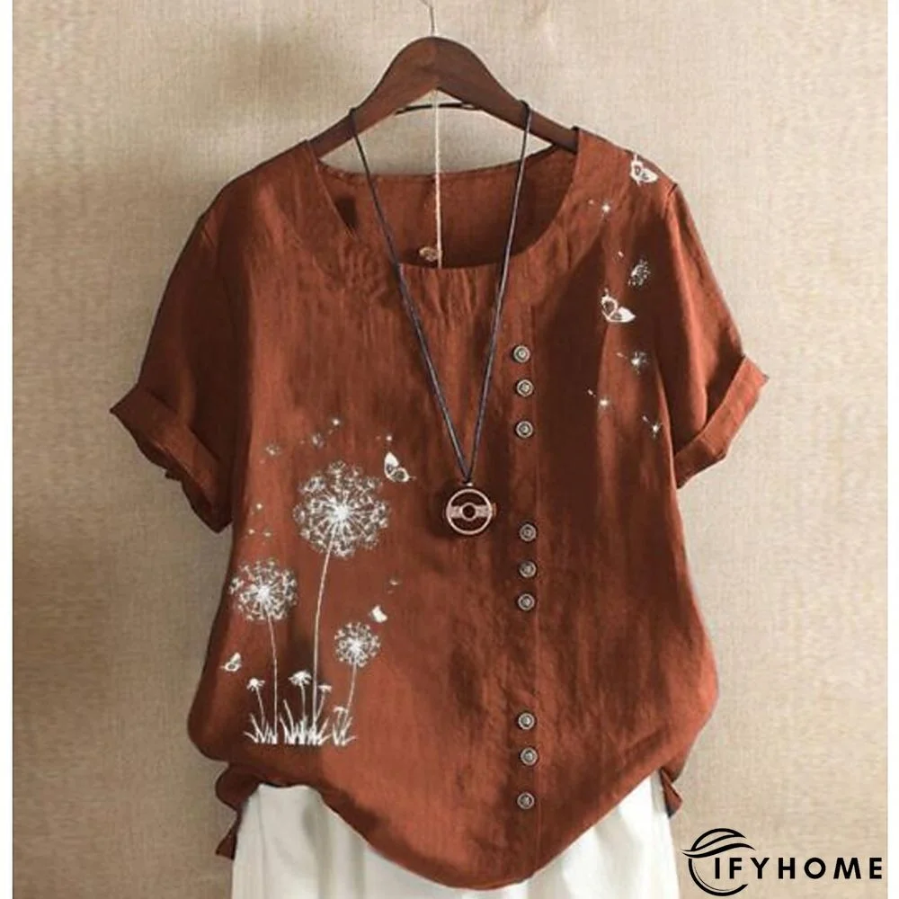 Women's Shirt Blouse Graphic Floral Short Sleeve Date Vacation Daily Casual Crew Neck Cotton Slim L | IFYHOME