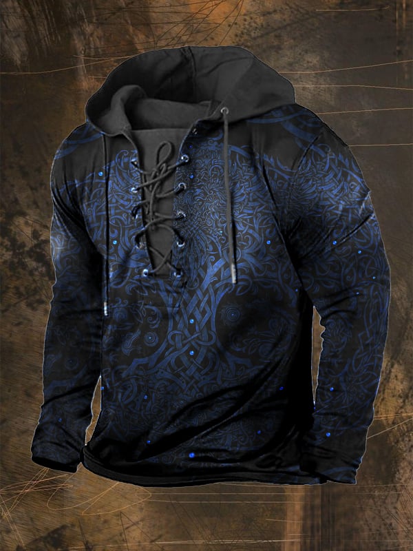 Men's Outdoor Vintage Vikings Print Lace-Up Hoodie