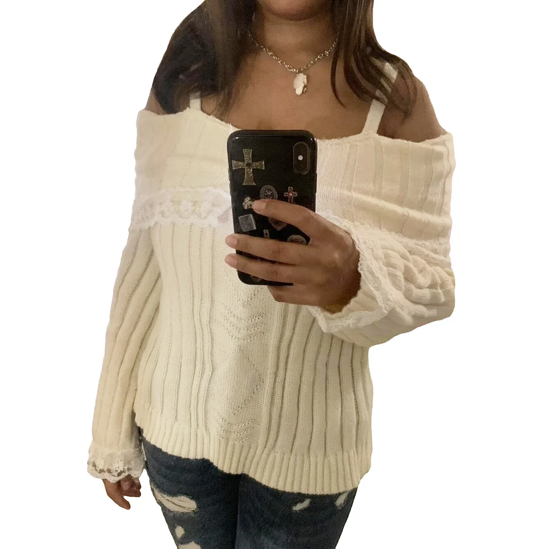 Zingj Zingj Winter New Pure Color Lace Lace A Word Shoulder Sling Sweater Sweater YF2348