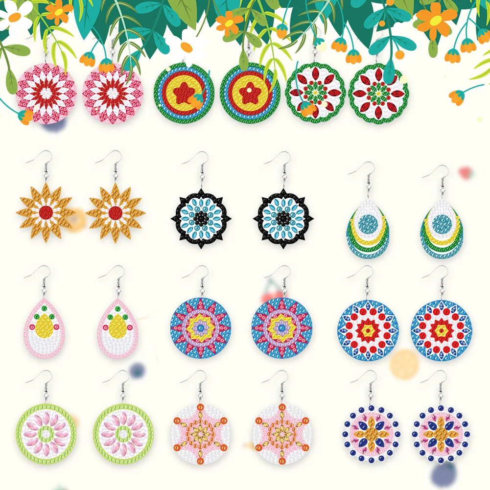 12 Pairs DIY Flower Double Sided Diamond Painting Earrings for Women Girls 