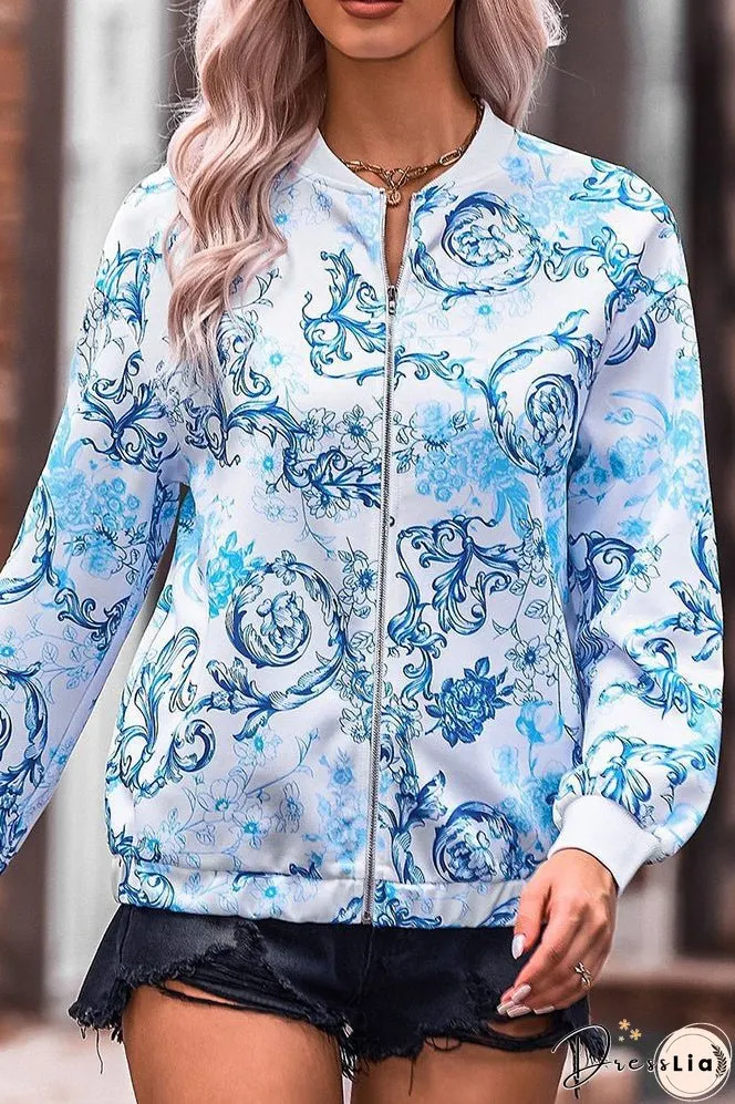Floral Print Zipper Jacket Coat
