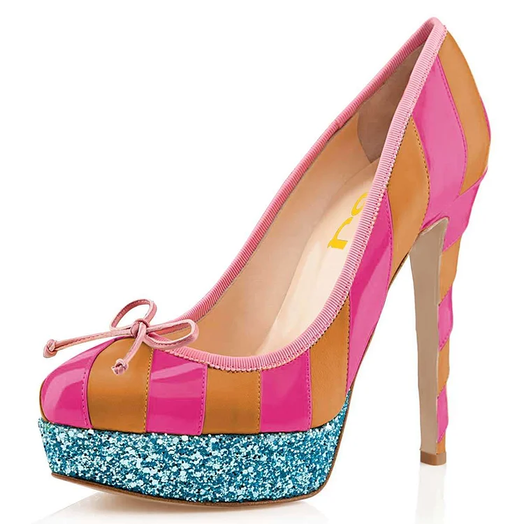 Yellow And Pink Bow Glitter Platform Heels Pumps |FSJ Shoes
