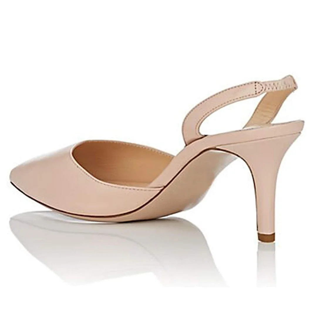 Beige Vegan Leather Pointed Slingback Kitten Heel Casual Pumps