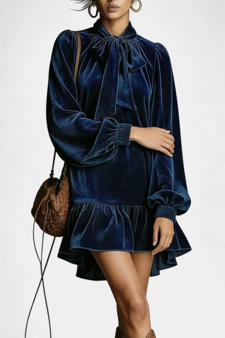 Velvet Bow-Neck Mini Dress with Puffed Sleeves