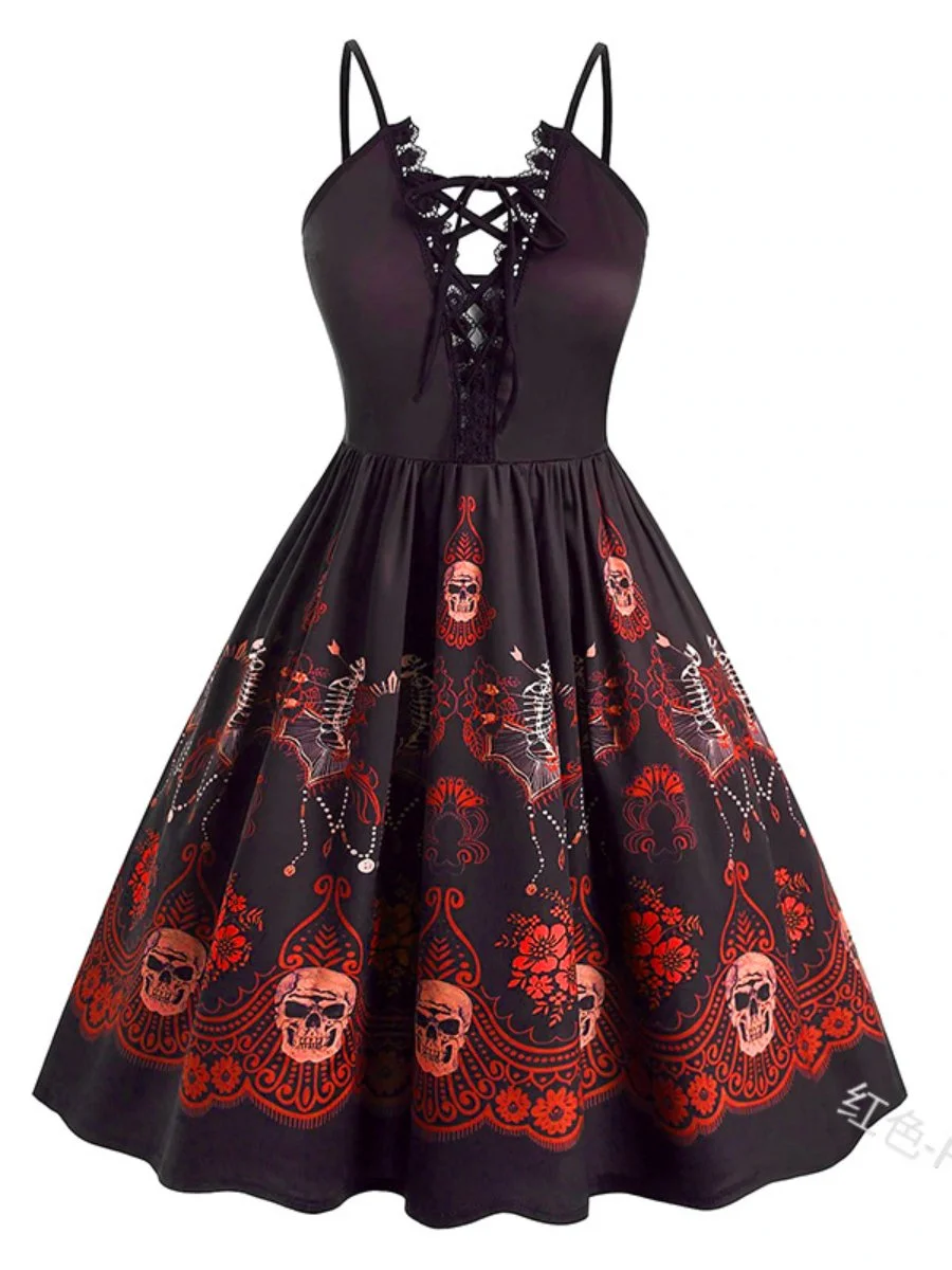 Halloween Dress Lace Deep V-Neck Gothic Skull Print Party Slip Dress