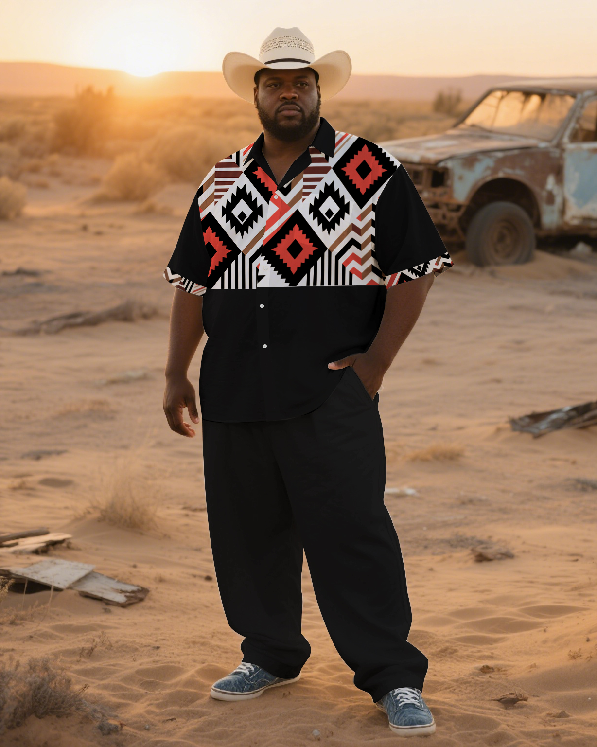 Big Guy's Western Theme Ethnic Pattern Printed Casual Outdoor Short-Sleeve Shirt Pants Sets