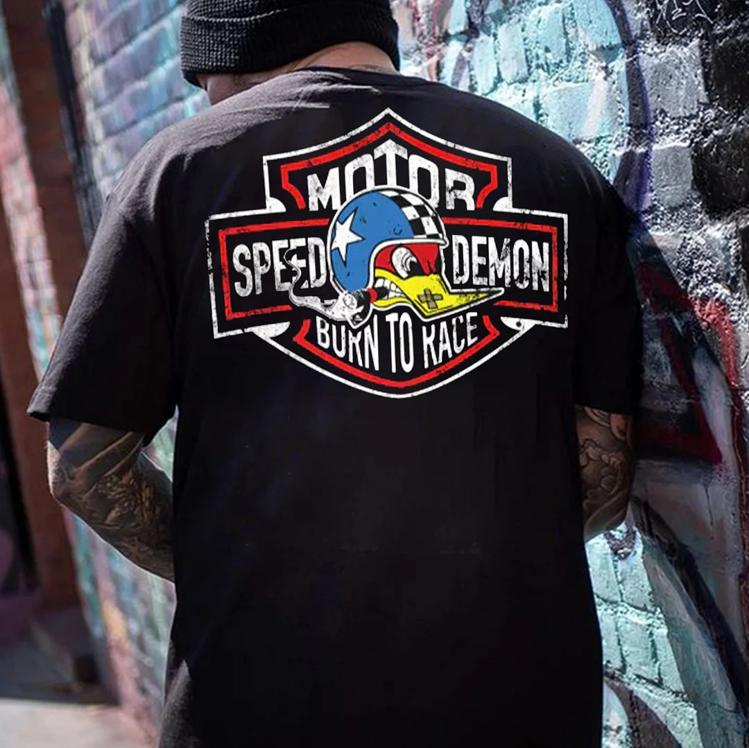 MOTOR SPEED DEMON BORN TO RACE Hot Rod Bird With Helmet Print Men's T-shirt