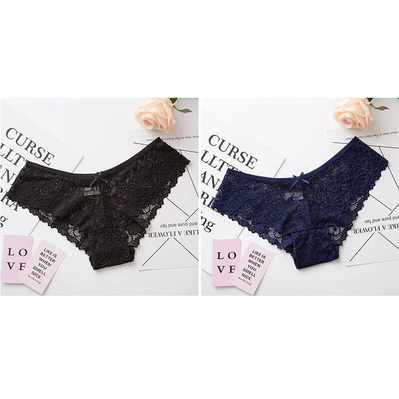 Women Sexy Lace Lingerie Low-waist Panties Embroidery Tempting Briefs Transparent Hollow out Underwear Female Underpants