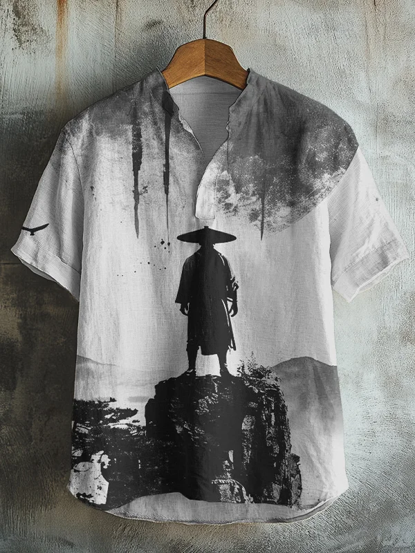 Men's Lone Warrior On The Mountain Top Art Print V Neck T-Shirt