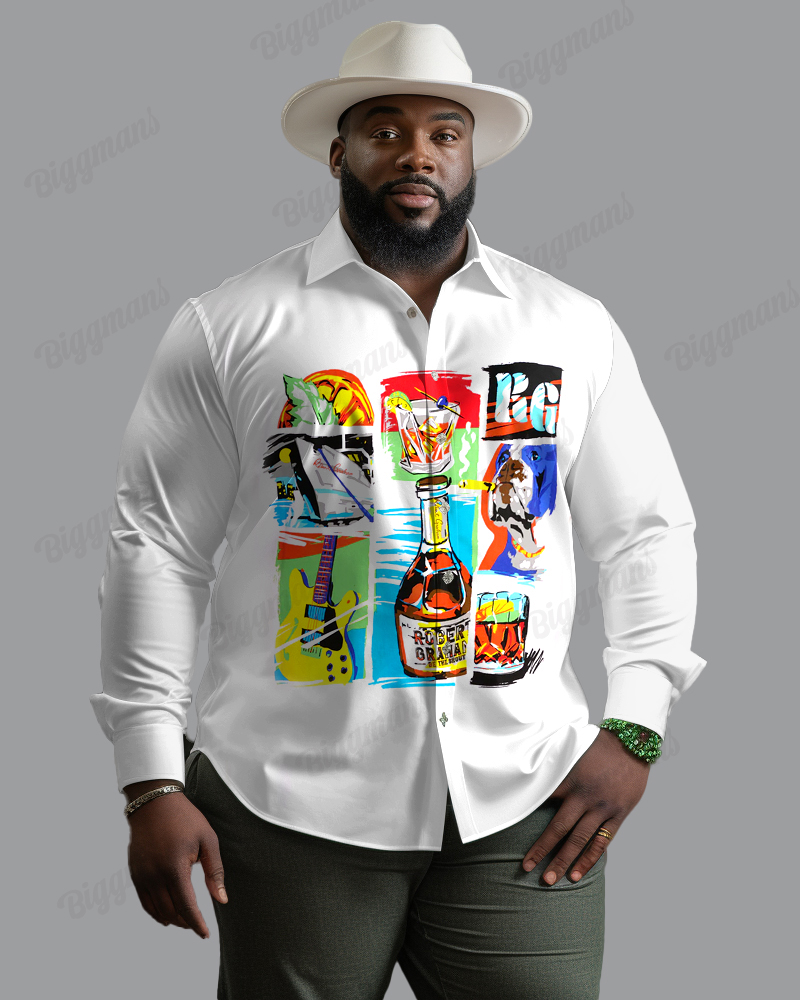 Abstract Music Festival Atmosphere Long Sleeve Lapel Shirt Men's Plus Size