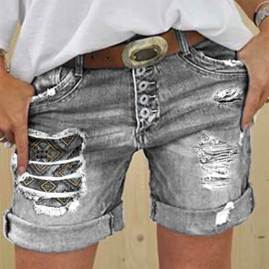 Western Retro Ethnic Print Denim Short Pants