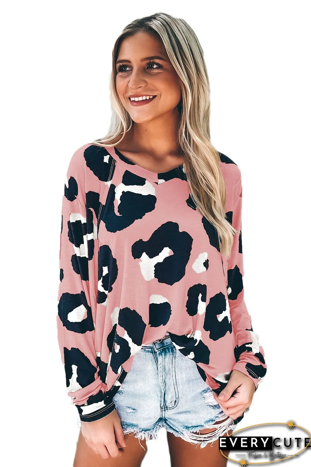 Pink Leopard Print Long Sleeve Loose Top