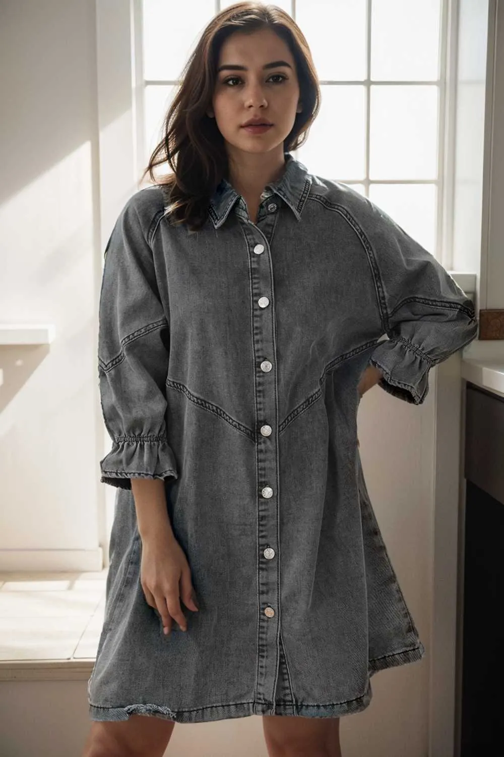 chic gray denim mini dress with button detail