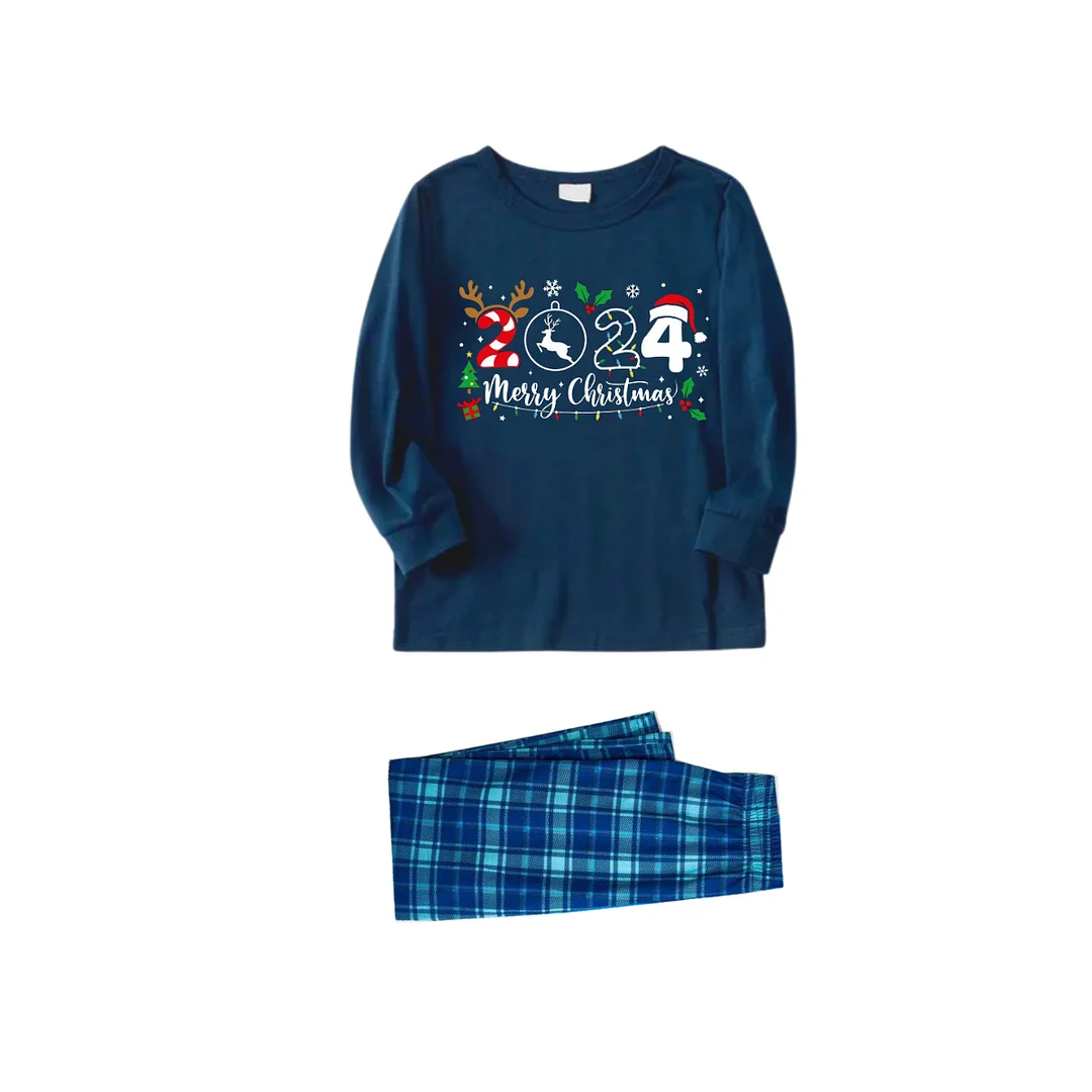 "Merry Christmas 2024" Text Prints Blue Long Sleeve Top With Blue Plaid Family Matching Pajamas