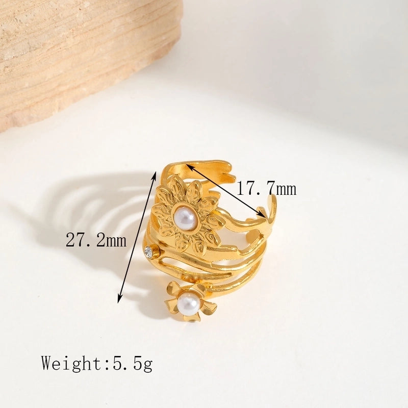 Elegant Minimalist Heart Shape Flower 304 Stainless Steel Acrylic Zircon 18K Gold Plated Inlay Open Rings