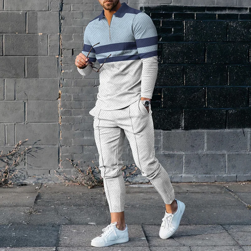 Blue White Contrast Color Polo Shirt And Pants Two Piece Set