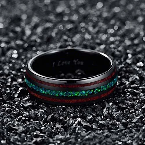 6MM 8MM Women's Or Men's Tungsten Carbide Wedding Matching Rings Black Tone Wood and Sea Green Opal Inlay I Love You Text