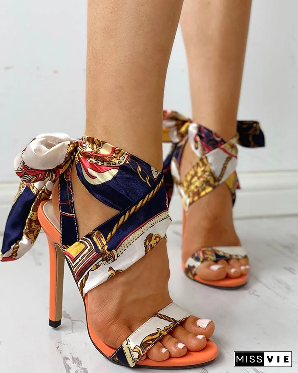 Satin Print Knotted Detail Thin Heeled Sandals