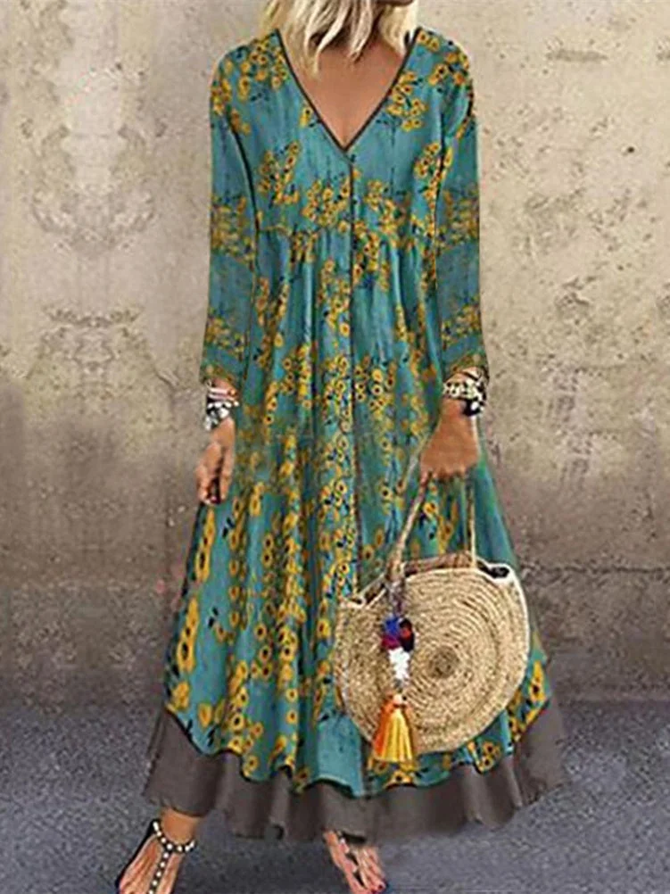 Women's 3/4 Sleeve V-neck Graphic Floral Printed Maxi Dress
