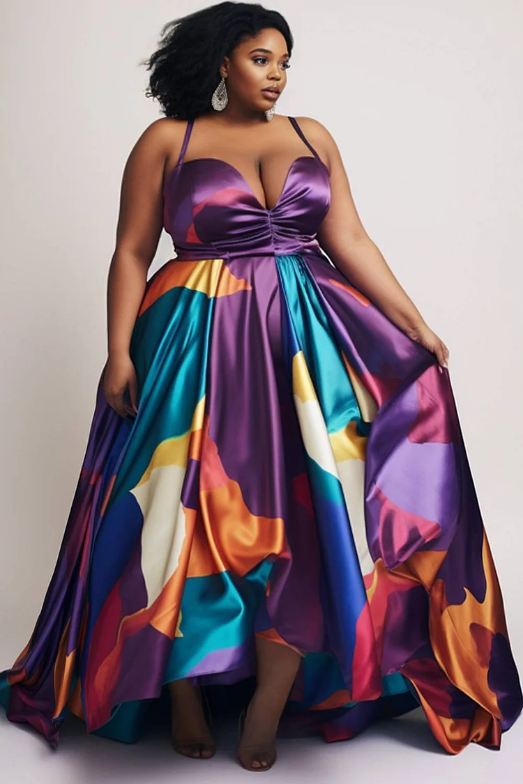 Xpluswear Design Plus Size Party Purple Colorblock Satin Maxi Dresses [Pre-Order]