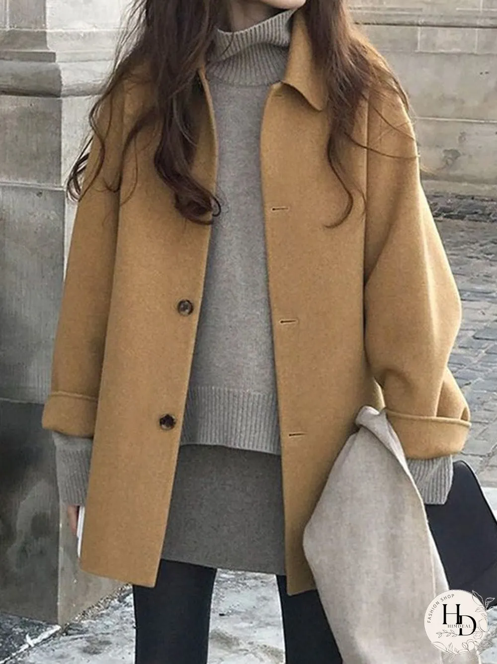 Button Front Wool Blend Long Coat