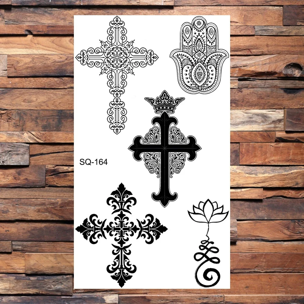 Crown Temporary Tattoos For Women Men Realistic Cross Sword Angel Wings Thorns Fake Tattoo Sticker Body Waterproof Tatoos Black