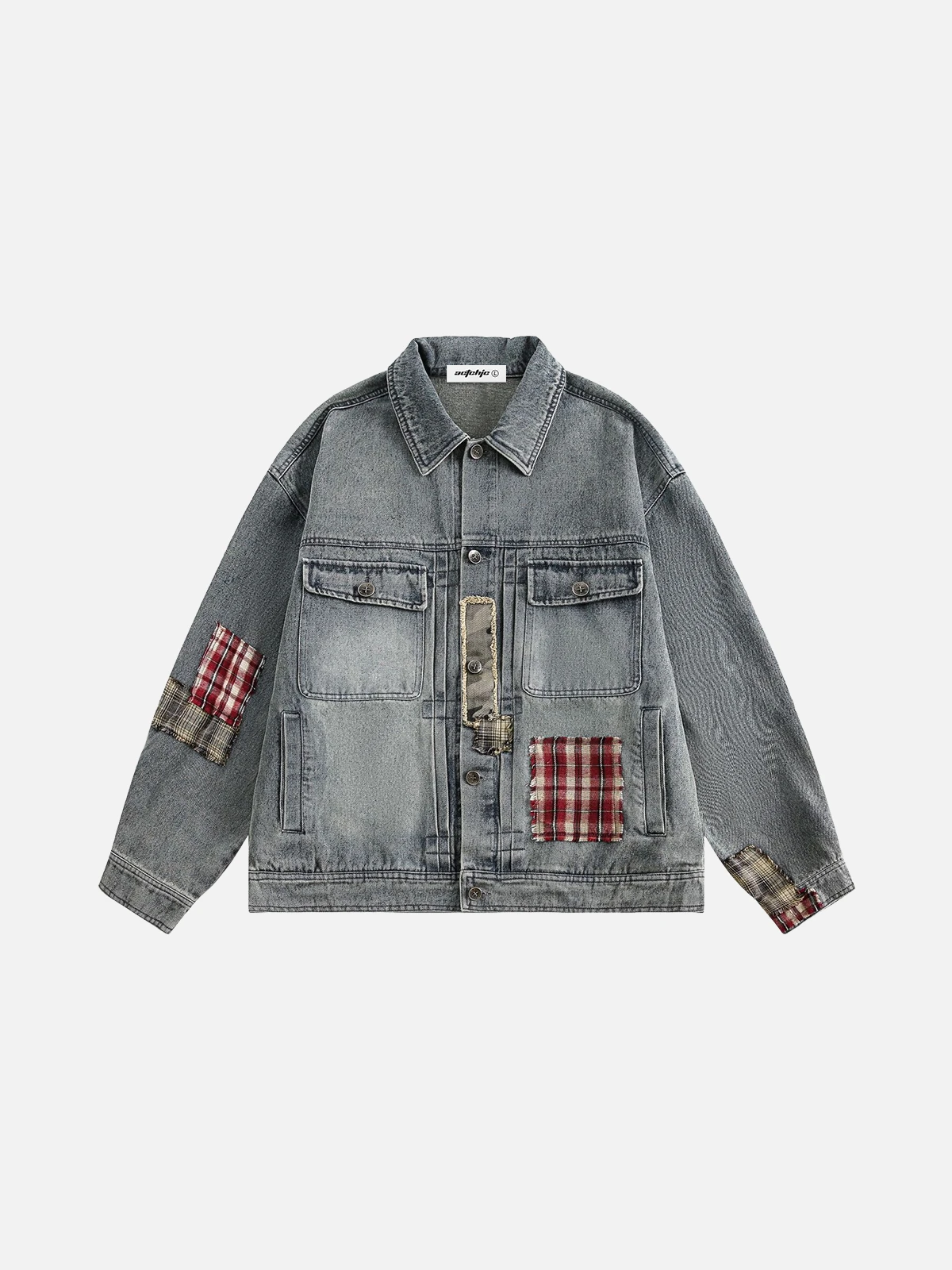 Blue Vintage Plaid Patchwork Washed Denim Jacket Front