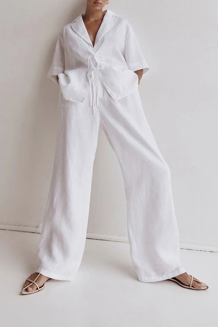 Lapel Collar Tie Up Short Sleeve Blouse Pocket Solid Color Pants Matching Set [Pre Order]