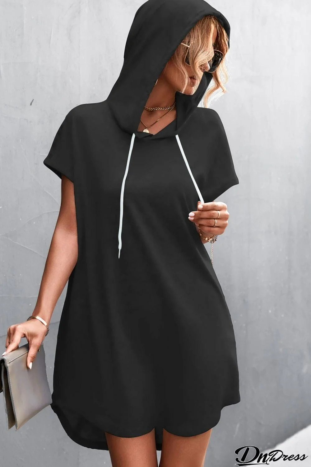 Two-Tone Drawstring Detail Hooded Dress