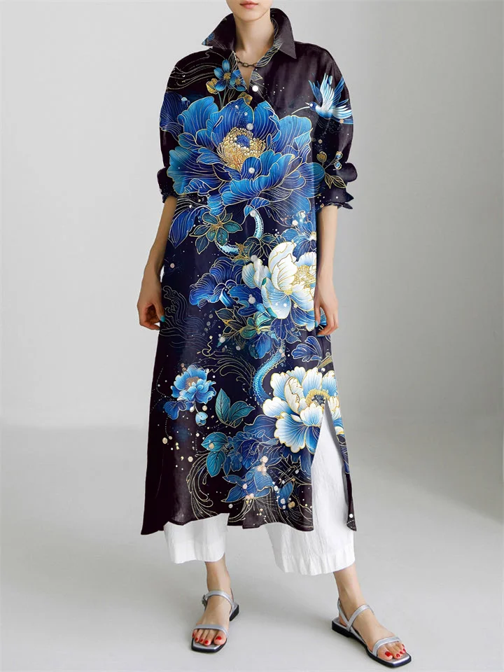 Japanese Art Flower Print Long Sleeve Slit Shirt Dress