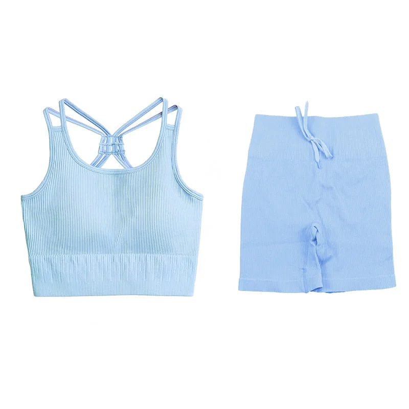 SVOKOR Sport Two Piece Sets Women Gym Tracksuits Workout 2Pcs Sexy Running Leggings Cycling Shorts Fitness Vest Short Crop Tops