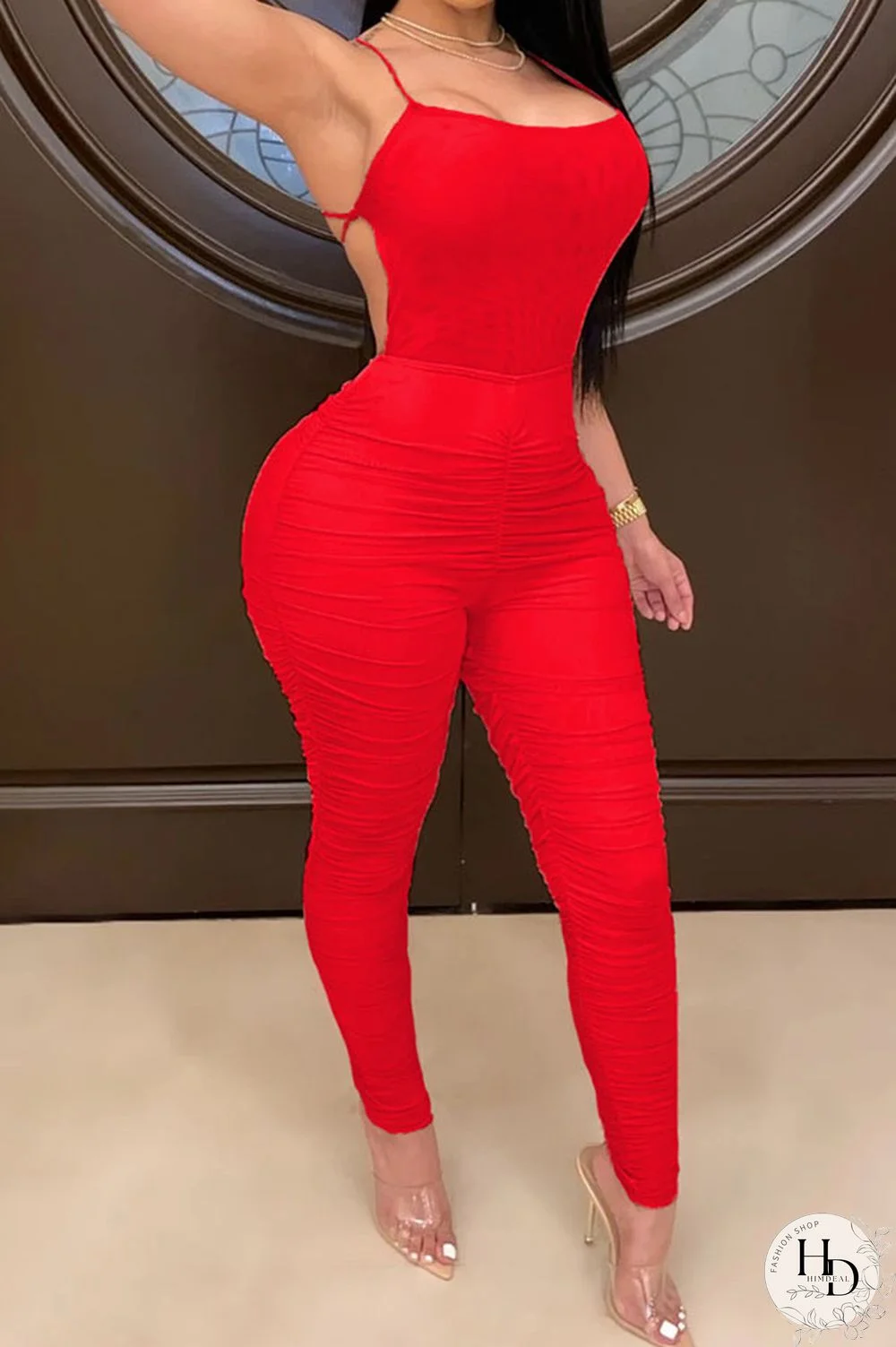 Fluorescent green Fashion Casual Solid Draped Polyester Sleeveless Slip Jumpsuits