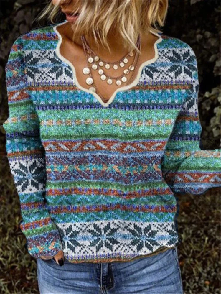 Exotic V Neck Long Sleeve Stripes Sweater