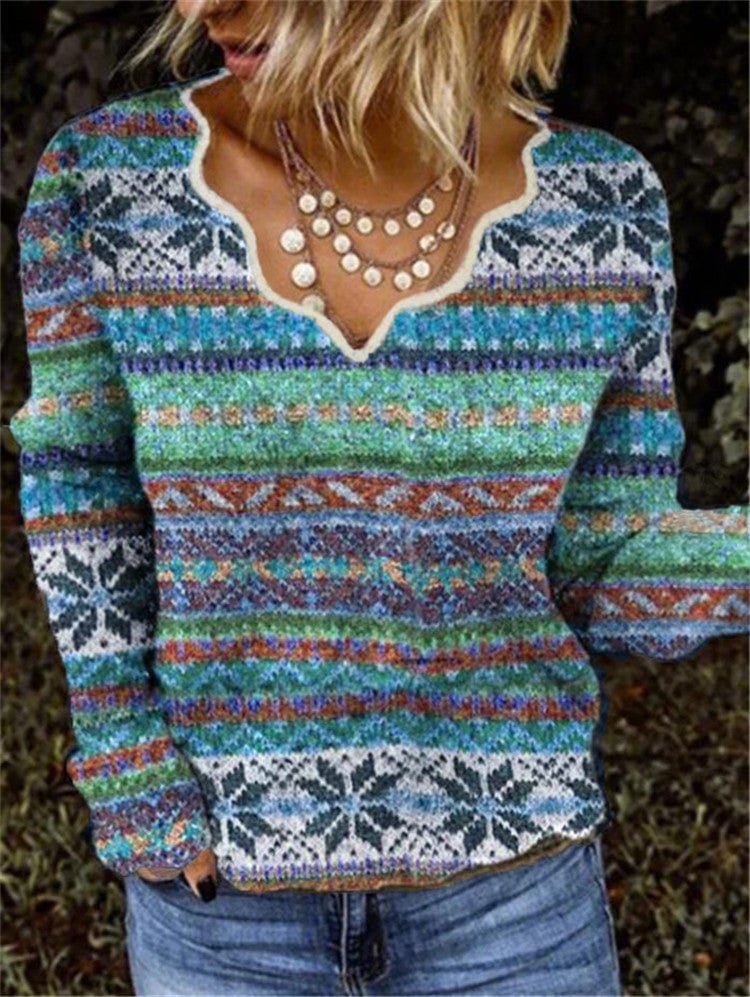Exotic V Neck Long Sleeve Stripes Sweater | EGEMISS