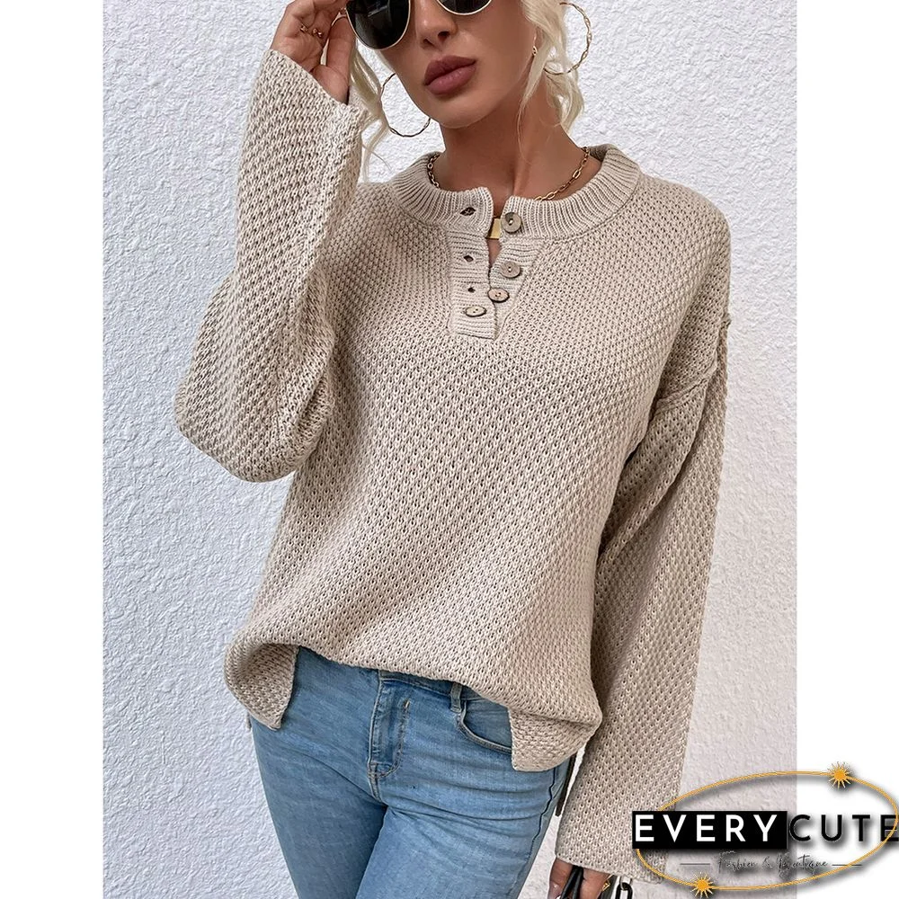 Khaki Button-up Crew Neck Drop Shoulder Knit Sweater