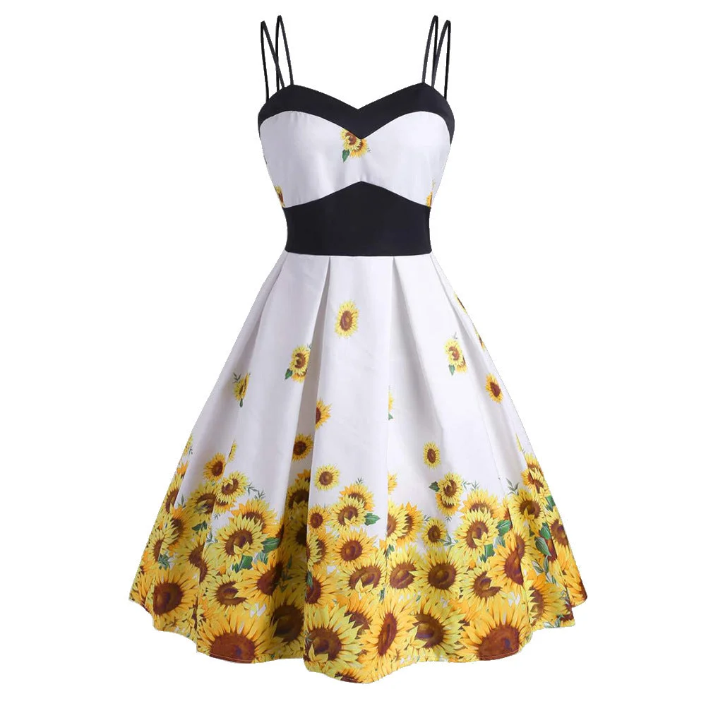 Women's Spaghetti Strap Dresses Vintage Floral Print Midi Swing Dress
