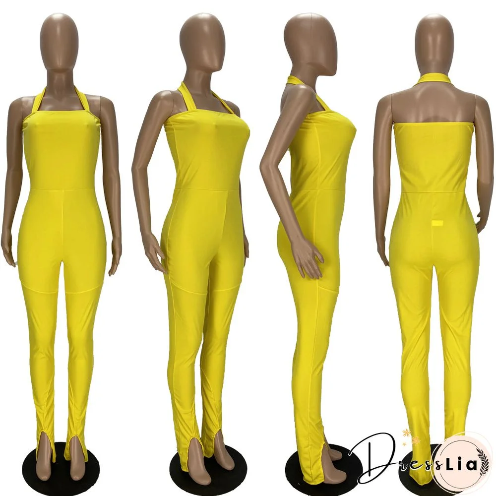 Women Solid Color Sportswear Sleeveless Halter Bodycon Jumpsuits