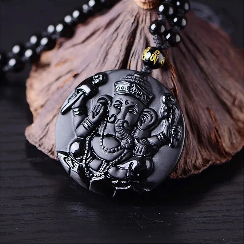 Black Obsidian Ganesh Ganpati Elephant Protection Pendant Necklace