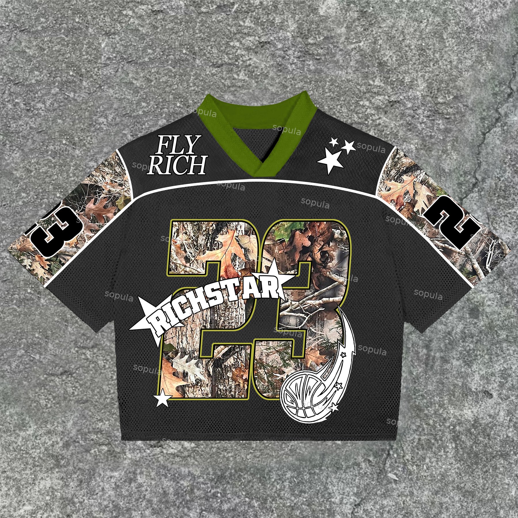 Sopula Fly Rich Rich Star No 23 Graphic Print Blokecore Blokette V-Neck Cotton T-Shirt - SOPULA