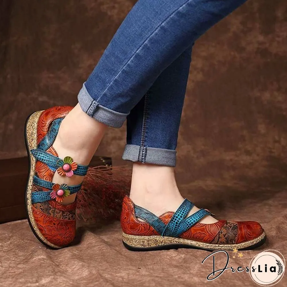 Womens Retro British Floral Leather Sandals Color Stitching Shackles Stripes 