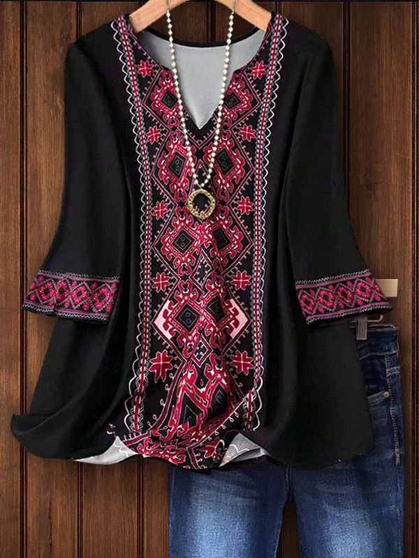 Loose Ethnic Print V-Neck Top