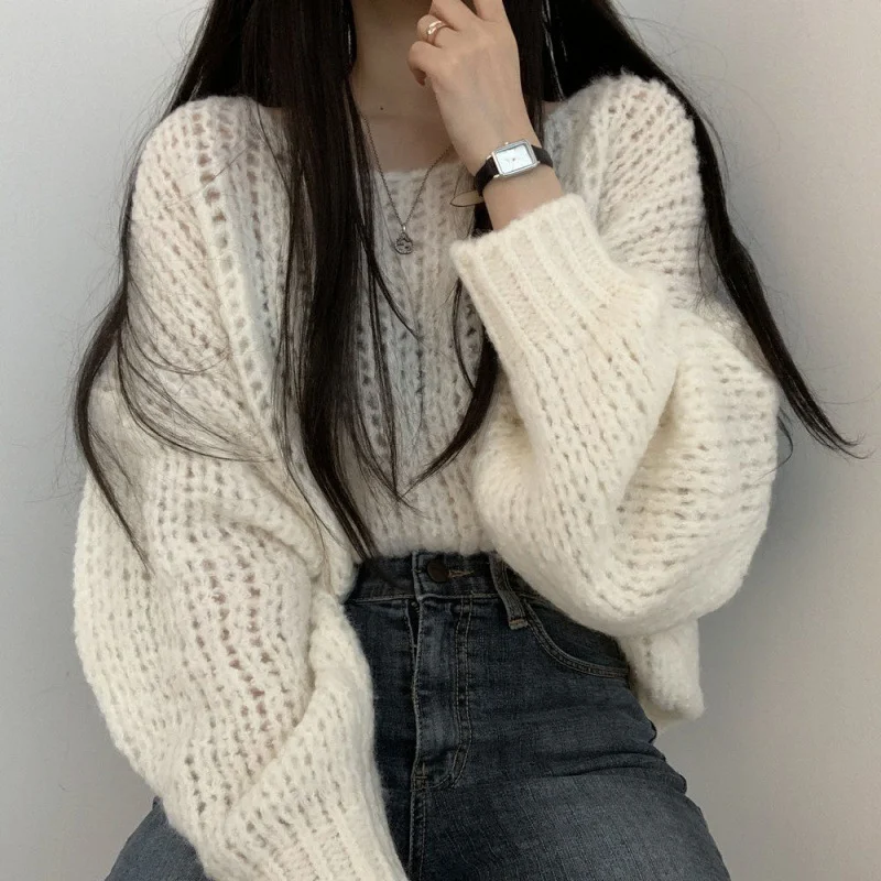 Uveng Uveng South Korea Autumn Candy Color Skin Sheath Loose Coarse Line Lantern Knitted Sweater Woman