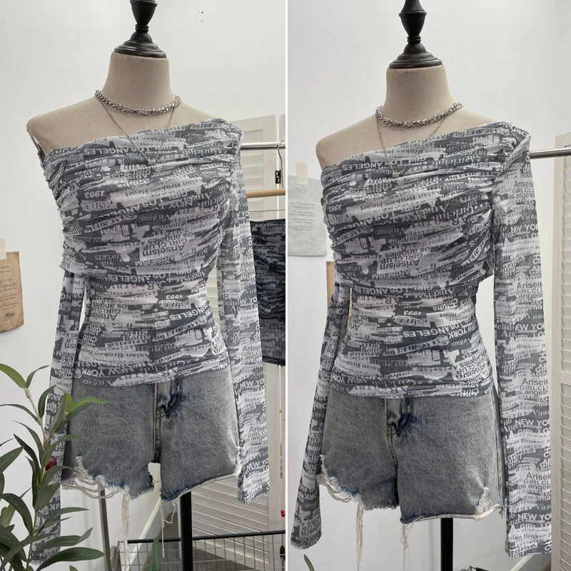 Nigikala Nigikala Tie-Dye-Print Mesh Folded Long-Sleeved T-Shirt With A Word-Collar Slanted Shoulder-To-Back Short Top 1183