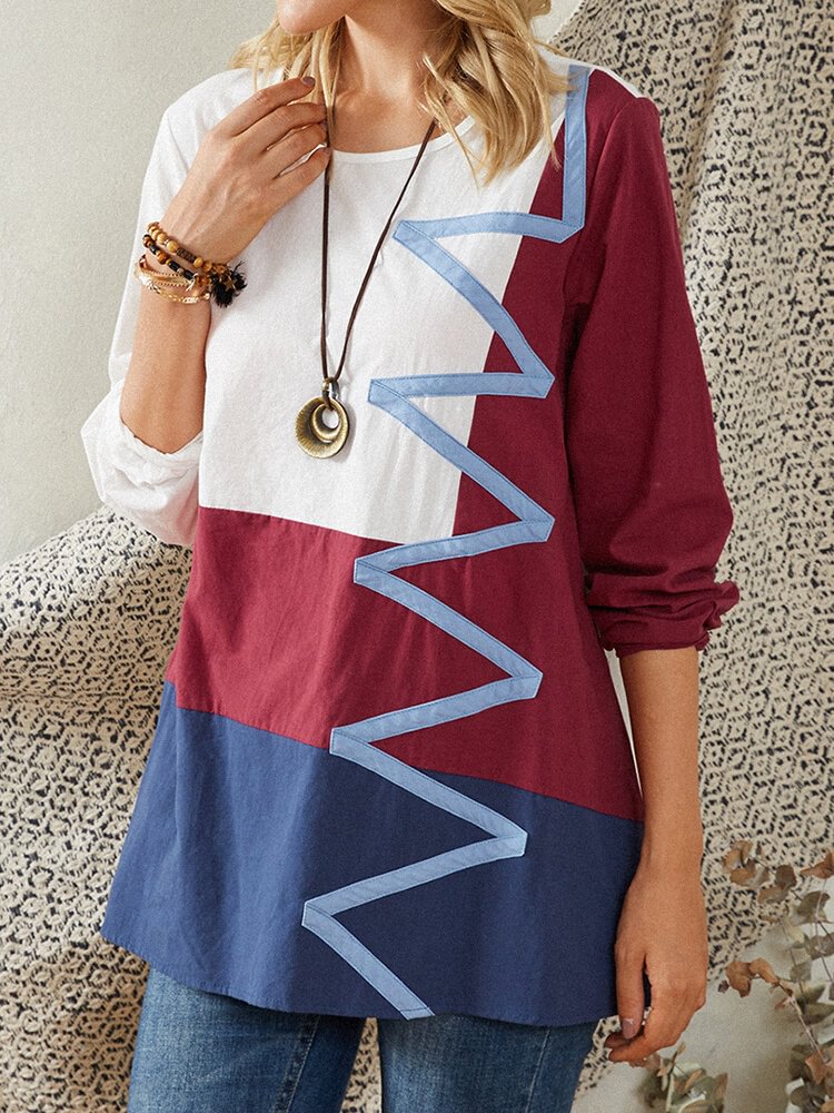 Line Print Patch Contrast Color Long Sleeve Casual T Shirt For Women P1764017